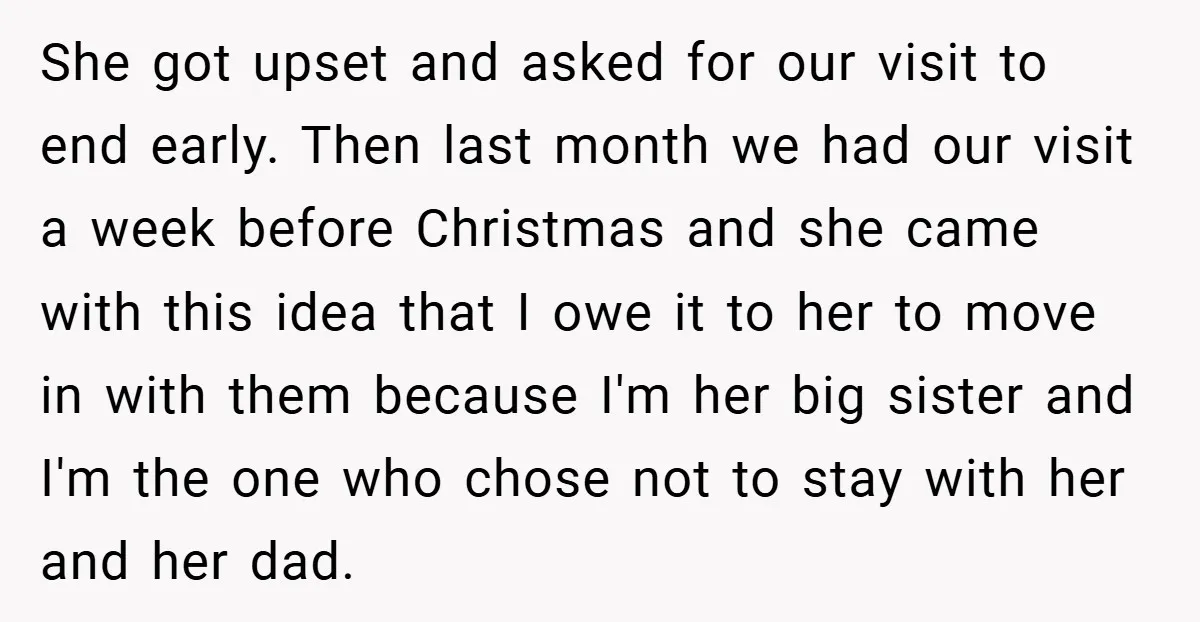 She got upset and asked for our visit to end early. Then last month we had our visit a week before Christmas and she came with this idea that I...
