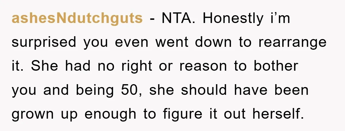 ashesNdutchguts - NTA. Honestly i’m surprised you even went down to rearrange it. She had no right or reason to bother you and being 50, she should have been grown...