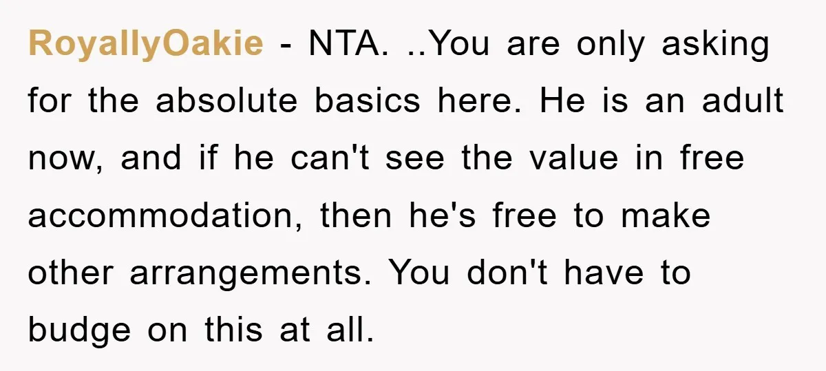 RoyallyOakie − NTA. ..You are only asking for the absolute basics here. He is an adult now, and if he can't see the value in free accommodation, then he's free...