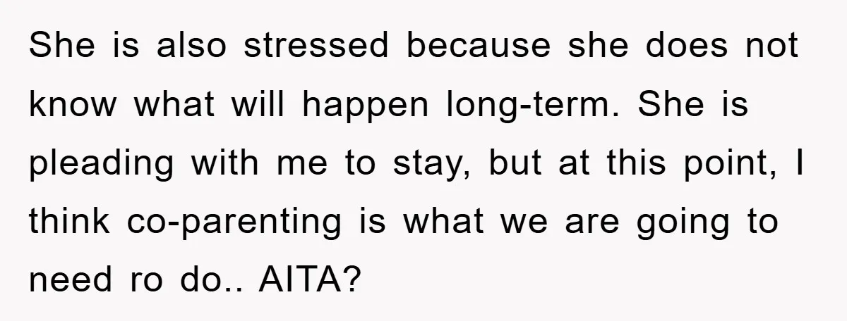 She is also stressed because she does not know what will happen long-term. She is pleading with me to stay, but at this point, I think co-parenting is what we...