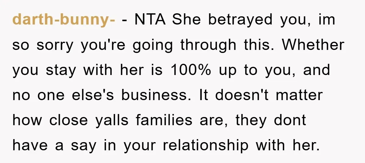 darth-bunny- − NTA She betrayed you, im so sorry you're going through this. Whether you stay with her is 100% up to you, and no one else's business. It doesn't...