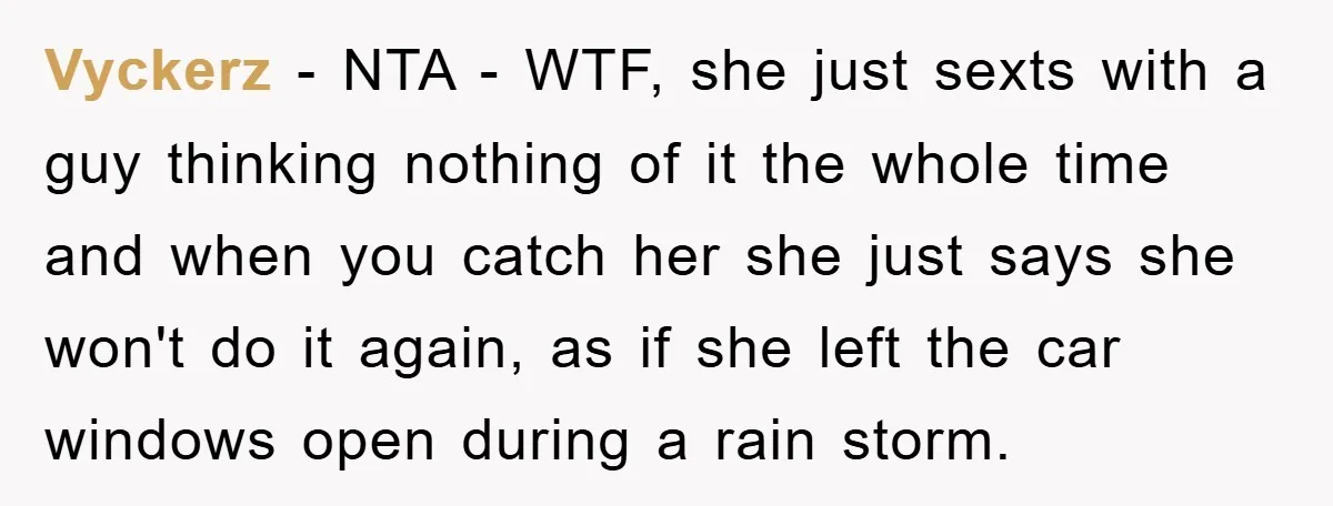 Vyckerz − NTA - WTF, she just sexts with a guy thinking nothing of it the whole time and when you catch her she just says she won't do it...