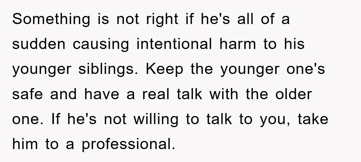 Something is not right if he's all of a sudden causing intentional harm to his younger siblings. Keep the younger one's safe and have a real talk with the older...