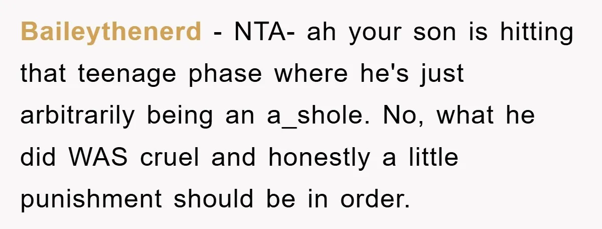 Baileythenerd - NTA- ah your son is hitting that teenage phase where he's just arbitrarily being an a_shole. No, what he did WAS cruel and honestly a little punishment should...