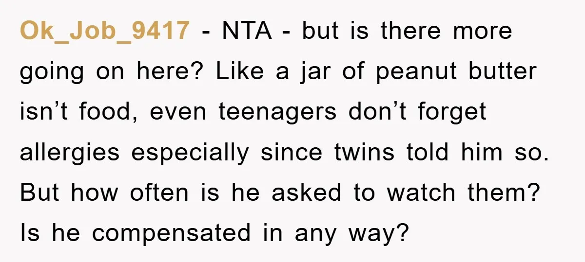 Ok_Job_9417 - NTA - but is there more going on here? Like a jar of peanut butter isn’t food, even teenagers don’t forget allergies especially since twins told him so....