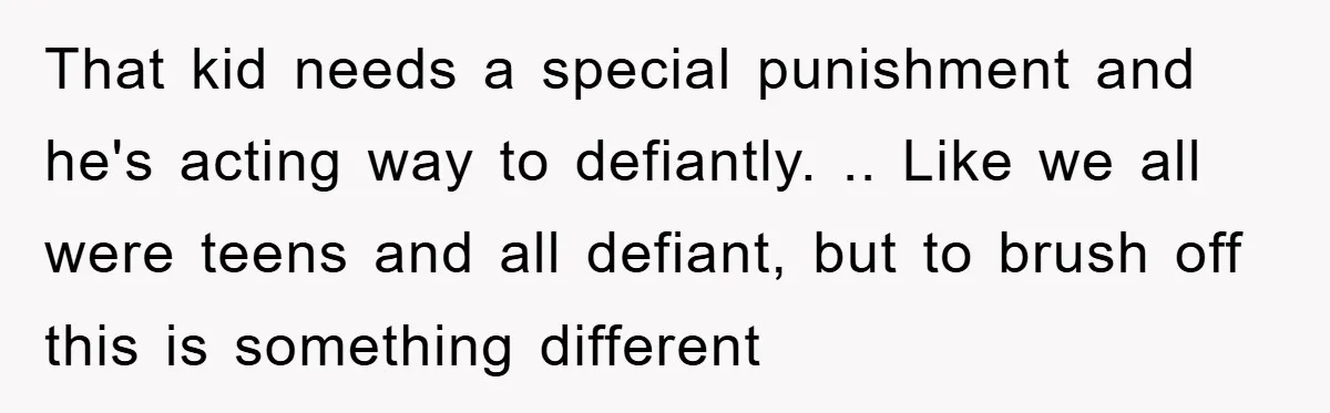 That kid needs a special punishment and he's acting way to defiantly. .. Like we all were teens and all defiant, but to brush off this is something different