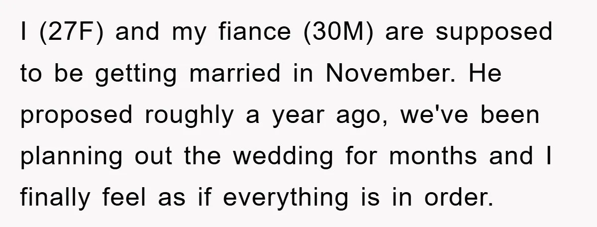 I (27F) and my fiance (30M) are supposed to be getting married in November. He proposed roughly a year ago, we've been planning out the wedding for months and I...