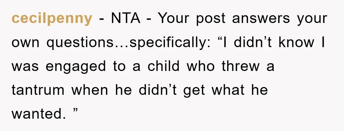 cecilpenny − NTA - Your post answers your own questions…specifically: “I didn’t know I was engaged to a child who threw a tantrum when he didn’t get what he wanted....