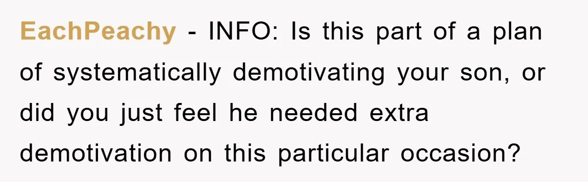 EachPeachy − INFO: Is this part of a plan of systematically demotivating your son, or did you just feel he needed extra demotivation on this particular occasion?