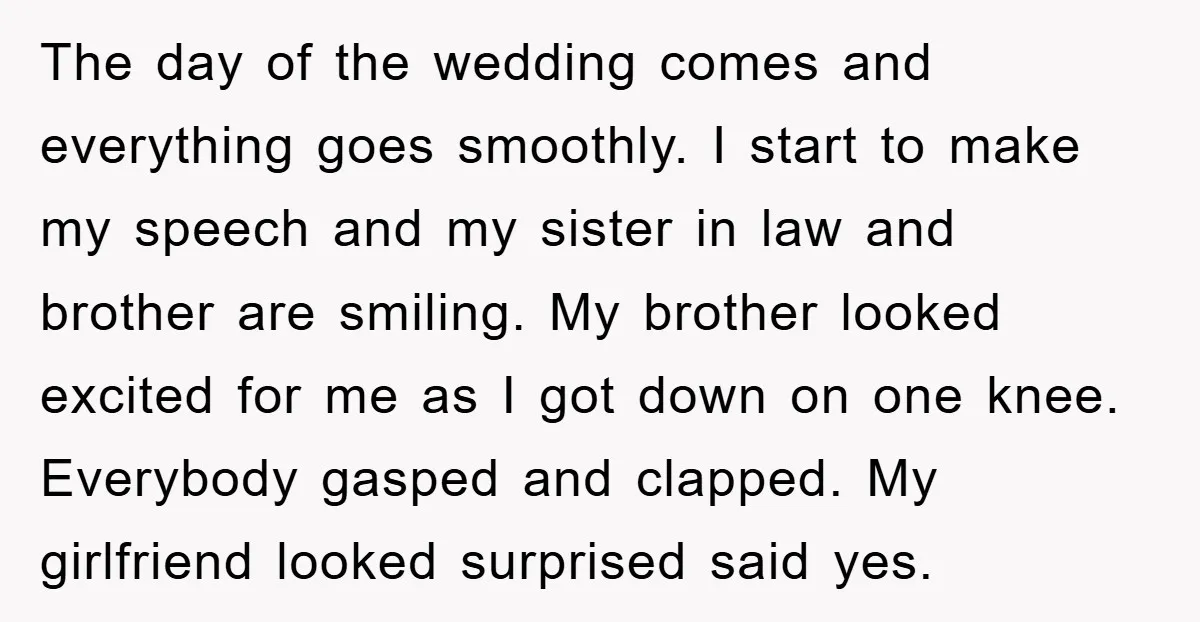 The day of the wedding comes and everything goes smoothly. I start to make my speech and my sister in law and brother are smiling. My brother looked excited for...