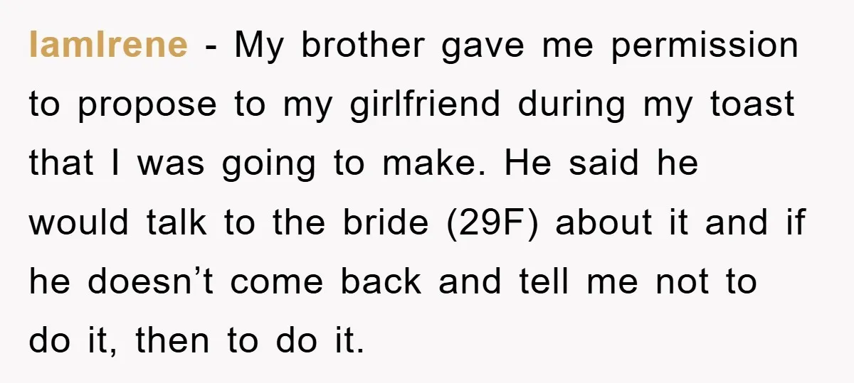 IamIrene − My brother gave me permission to propose to my girlfriend during my toast that I was going to make. He said he would talk to the bride (29F)...