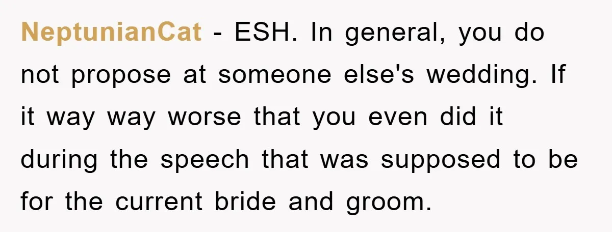 NeptunianCat − ESH. In general, you do not propose at someone else's wedding. If it way way worse that you even did it during the speech that was supposed to...