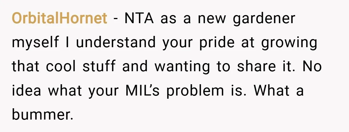 OrbitalHornet − NTA as a new gardener myself I understand your pride at growing that cool stuff and wanting to share it. No idea what your MIL’s problem is. What...