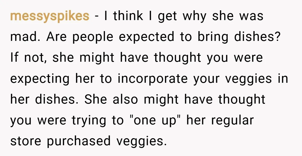 messyspikes − I think I get why she was mad. Are people expected to bring dishes? If not, she might have thought you were expecting her to incorporate your veggies...