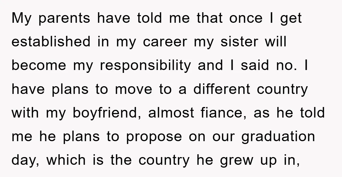 My parents have told me that once I get established in my career my sister will become my responsibility and I said no. I have plans to move to a...