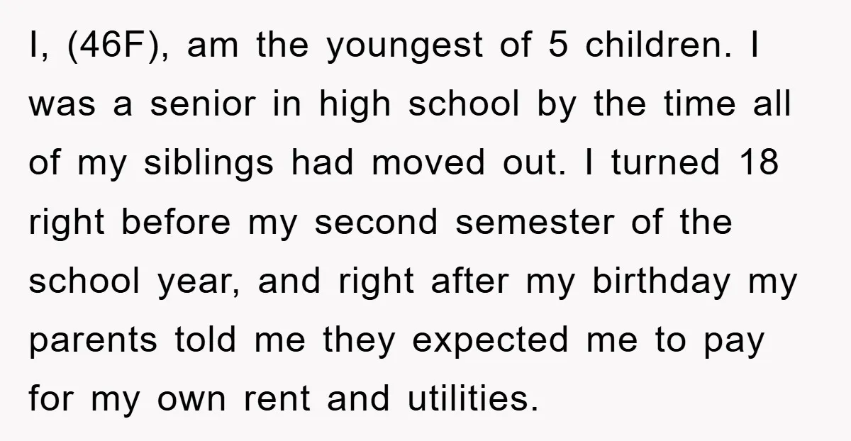 I, (46F), am the youngest of 5 children. I was a senior in high school by the time all of my siblings had moved out. I turned 18 right before...