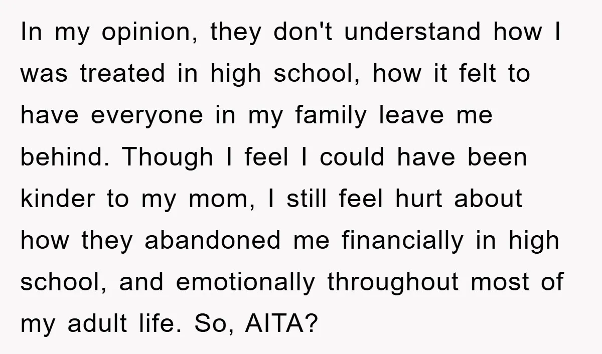 In my opinion, they don't understand how I was treated in high school, how it felt to have everyone in my family leave me behind. Though I feel I could...