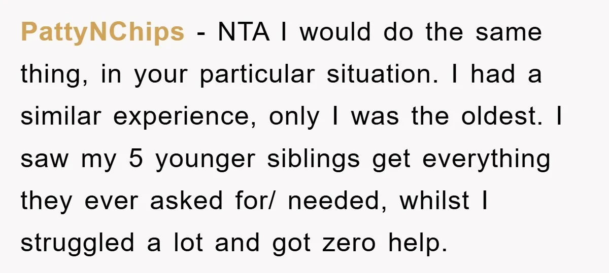 PattyNChips − NTA I would do the same thing, in your particular situation. I had a similar experience, only I was the oldest. I saw my 5 younger siblings get...