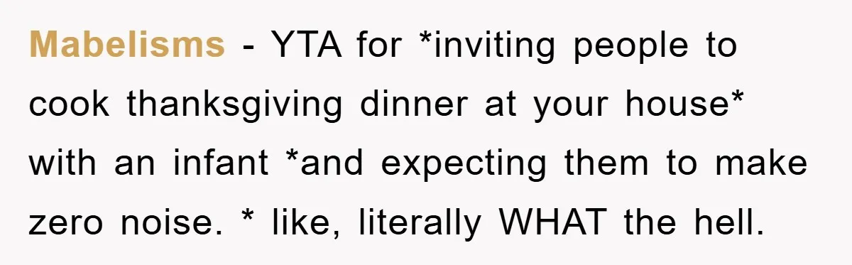 Mabelisms − YTA for *inviting people to cook thanksgiving dinner at your house* with an infant *and expecting them to make zero noise. * like, literally WHAT the hell.