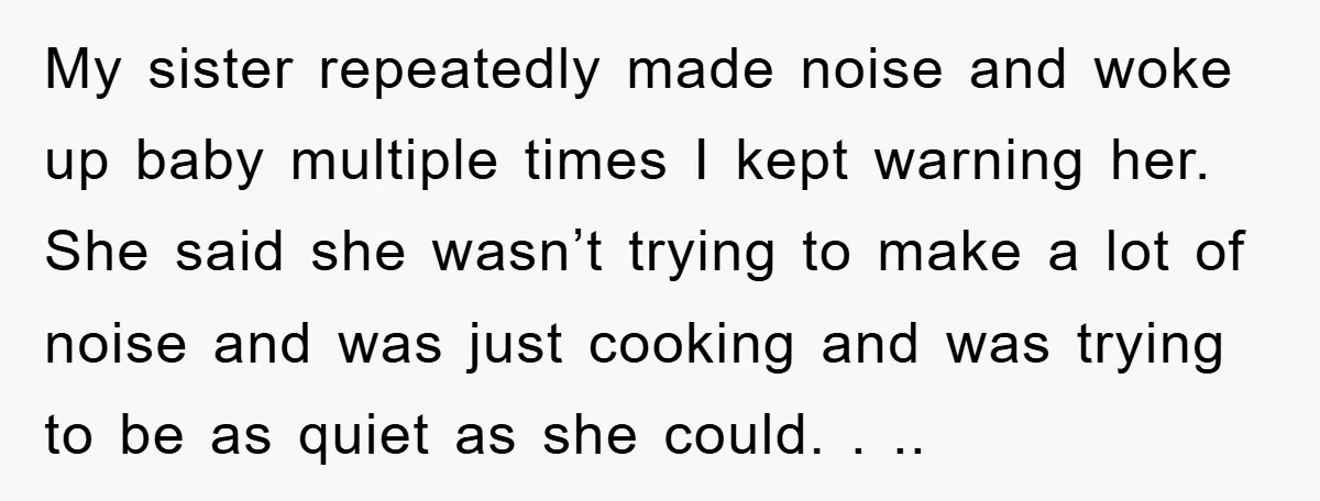 My sister repeatedly made noise and woke up baby multiple times I kept warning her. She said she wasn’t trying to make a lot of noise and was just cooking...