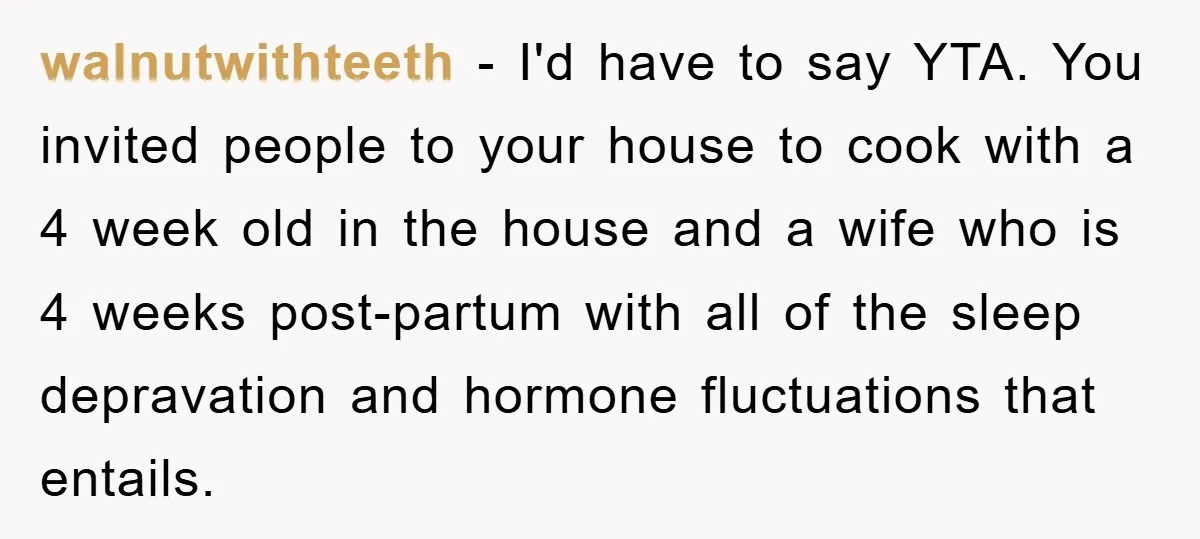 walnutwithteeth − I'd have to say YTA. You invited people to your house to cook with a 4 week old in the house and a wife who is 4 weeks...