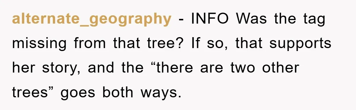 alternate_geography - INFO Was the tag missing from that tree? If so, that supports her story, and the “there are two other trees” goes both ways.