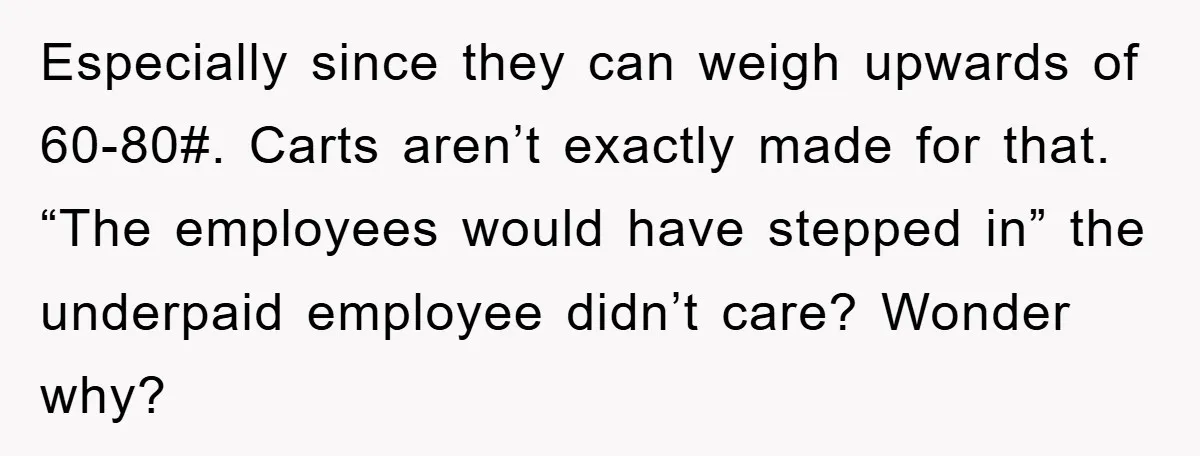 Especially since they can weigh upwards of 60-80#. Carts aren’t exactly made for that. “The employees would have stepped in” the underpaid employee didn’t care? Wonder why?