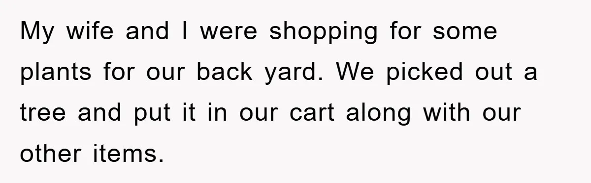 My wife and I were shopping for some plants for our back yard. We picked out a tree and put it in our cart along with our other items.