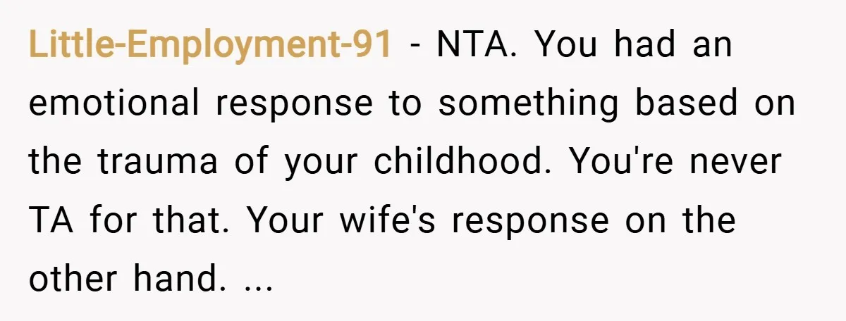 Little-Employment-91 − NTA. You had an emotional response to something based on the trauma of your childhood. You're never TA for that. Your wife's response on the other hand. ...