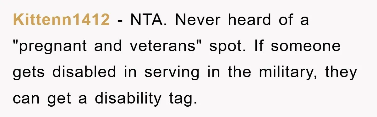 Kittenn1412 - NTA. Never heard of a "pregnant and veterans" spot. If someone gets disabled in serving in the military, they can get a disability tag.
