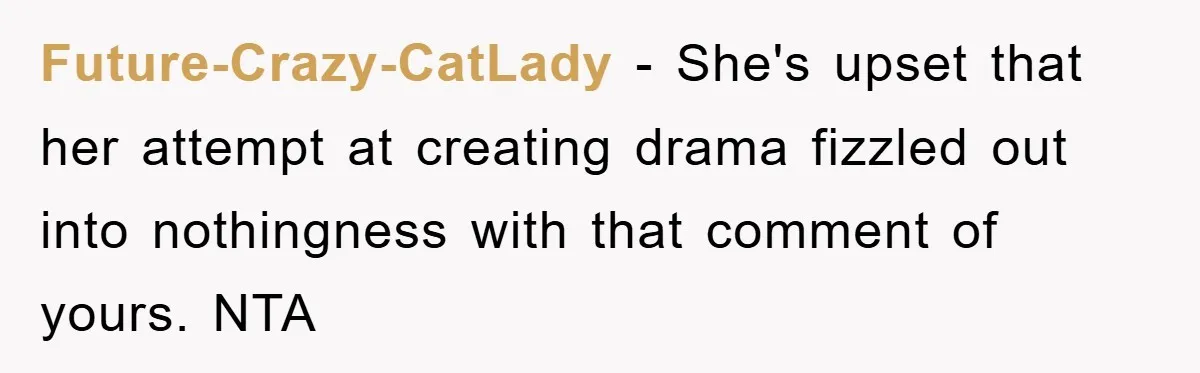 Future-Crazy-CatLady − She's upset that her attempt at creating drama fizzled out into nothingness with that comment of yours. NTA
