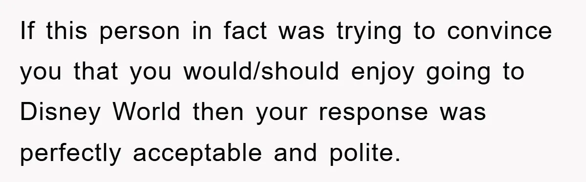 If this person in fact was trying to convince you that you would/should enjoy going to Disney World then your response was perfectly acceptable and polite.