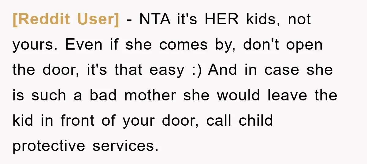 [Reddit User] − NTA it's HER kids, not yours. Even if she comes by, don't open the door, it's that easy :) And in case she is such a bad...