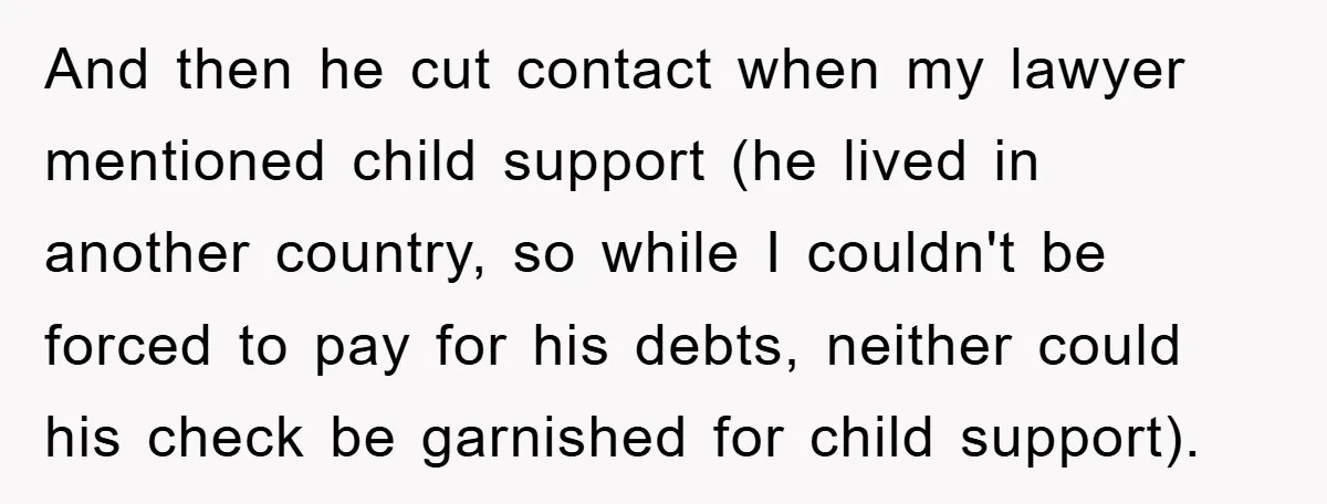And then he cut contact when my lawyer mentioned child support (he lived in another country, so while I couldn't be forced to pay for his debts, neither could his...