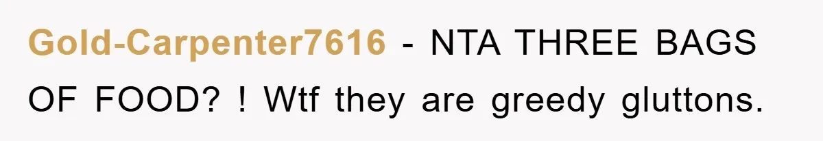 Gold-Carpenter7616 - NTA THREE BAGS OF FOOD? ! Wtf they are greedy gluttons.