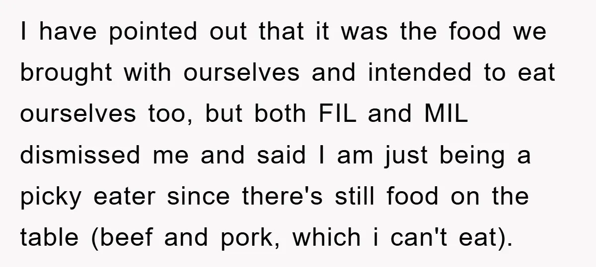 I have pointed out that it was the food we brought with ourselves and intended to eat ourselves too, but both FIL and MIL dismissed me and said I am...