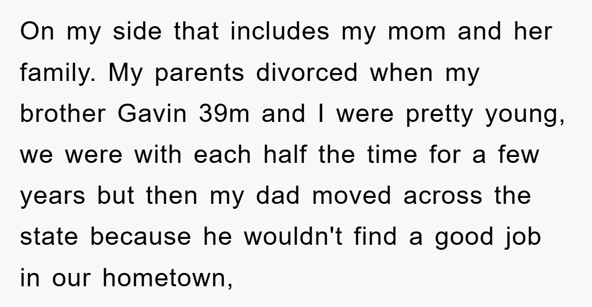 On my side that includes my mom and her family. My parents divorced when my brother Gavin 39m and I were pretty young, we were with each half the time...