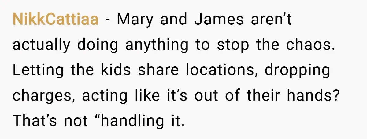NikkCattiaa − Mary and James aren’t actually doing anything to stop the chaos. Letting the kids share locations, dropping charges, acting like it’s out of their hands? That’s not “handling...