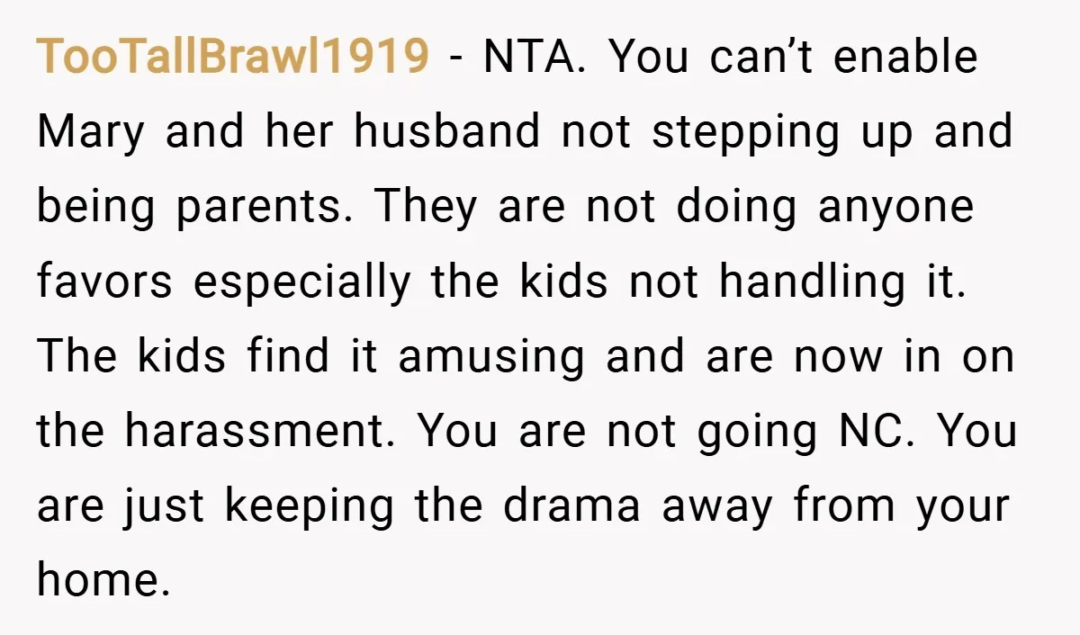 TooTallBrawl1919 − NTA. You can’t enable Mary and her husband not stepping up and being parents. They are not doing anyone favors especially the kids not handling it. The kids...