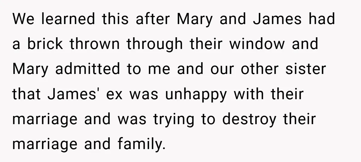 We learned this after Mary and James had a brick thrown through their window and Mary admitted to me and our other sister that James' ex was unhappy with their...
