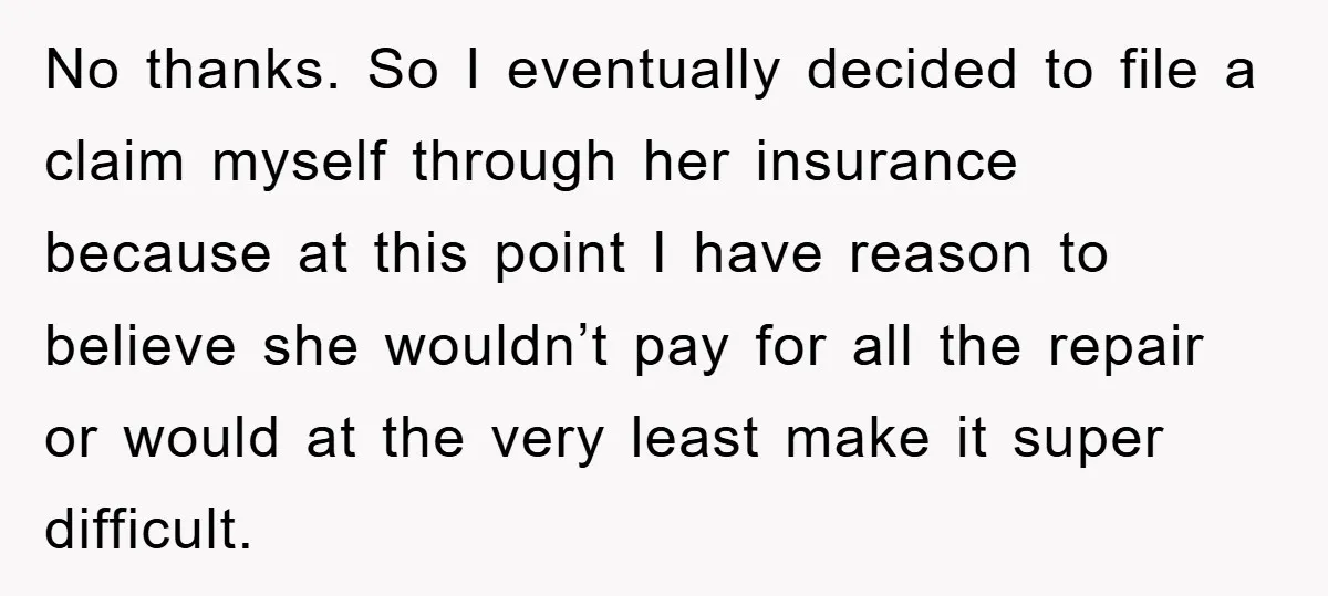 No thanks. So I eventually decided to file a claim myself through her insurance because at this point I have reason to believe she wouldn’t pay for all the repair...