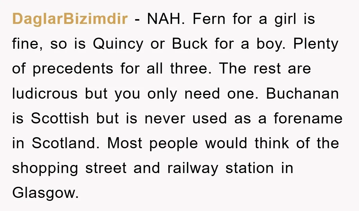 DaglarBizimdir − NAH. Fern for a girl is fine, so is Quincy or Buck for a boy. Plenty of precedents for all three. The rest are ludicrous but you only...