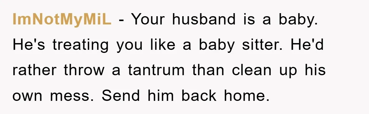 ImNotMyMiL - Your husband is a baby. He's treating you like a baby sitter. He'd rather throw a tantrum than clean up his own mess. Send him back home.