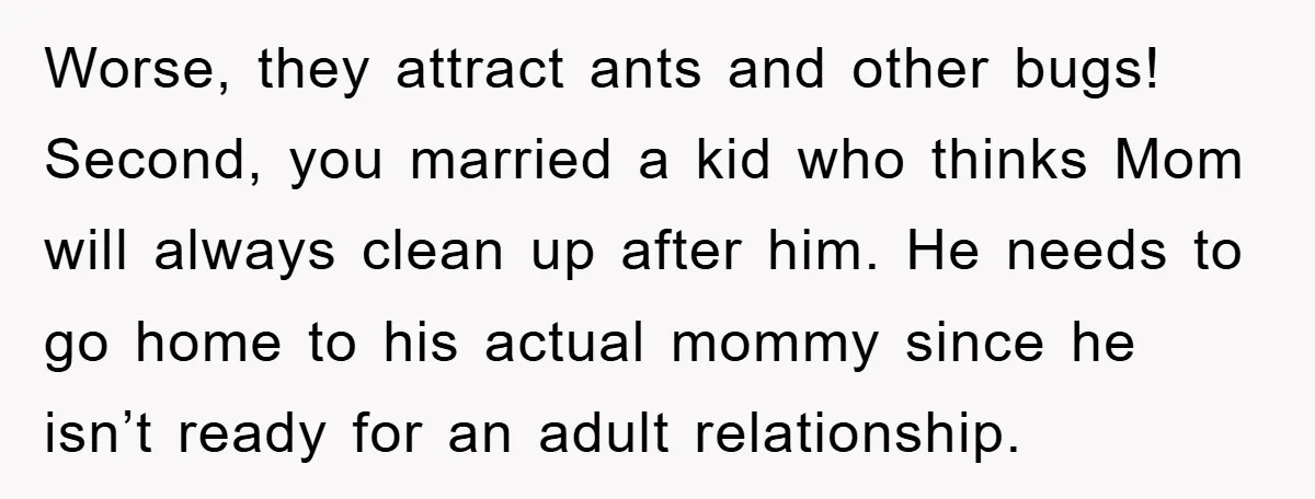 Worse, they attract ants and other bugs! Second, you married a kid who thinks Mom will always clean up after him. He needs to go home to his actual mommy...