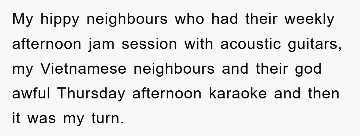 My hippy neighbours who had their weekly afternoon jam session with acoustic guitars, my Vietnamese neighbours and their god awful Thursday afternoon karaoke and then it was my turn.