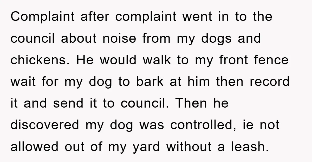 Complaint after complaint went in to the council about noise from my dogs and chickens. He would walk to my front fence wait for my dog to bark at him...