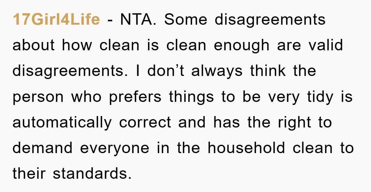 17Girl4Life - NTA. Some disagreements about how clean is clean enough are valid disagreements. I don’t always think the person who prefers things to be very tidy is automatically correct...