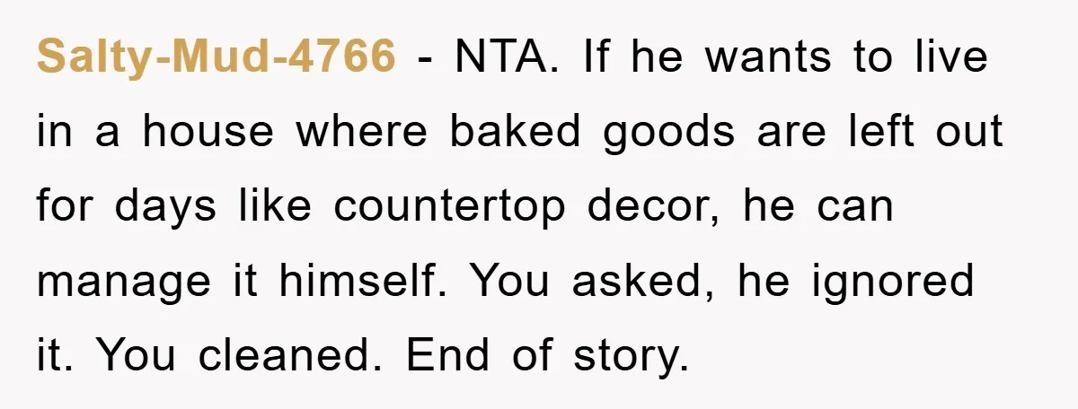 Salty-Mud-4766 - NTA. If he wants to live in a house where baked goods are left out for days like countertop decor, he can manage it himself. You asked, he...