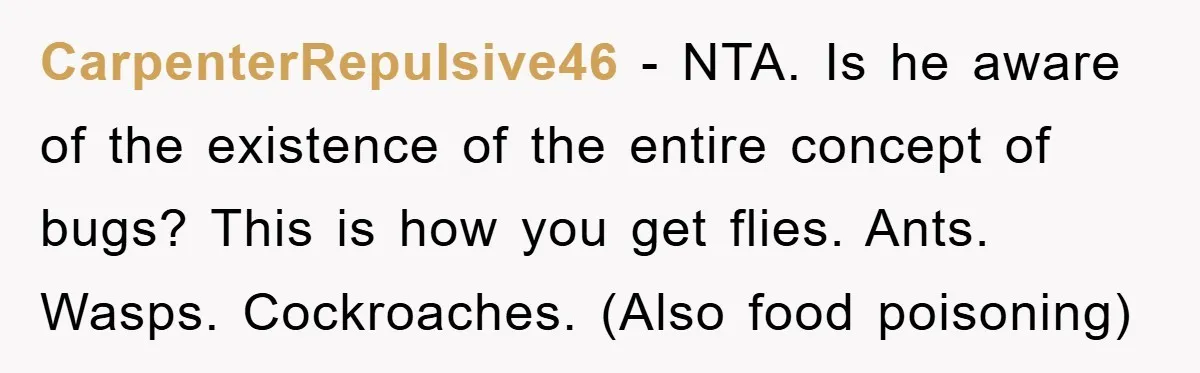 CarpenterRepulsive46 - NTA. Is he aware of the existence of the entire concept of bugs? This is how you get flies. Ants. Wasps. Cockroaches. (Also food poisoning)