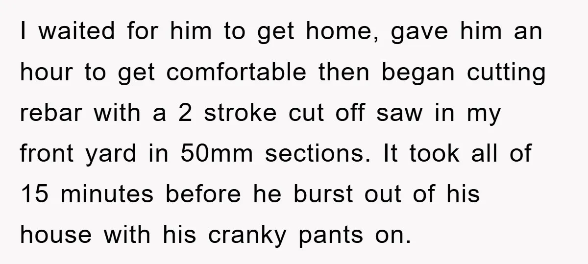 I waited for him to get home, gave him an hour to get comfortable then began cutting rebar with a 2 stroke cut off saw in my front yard in...